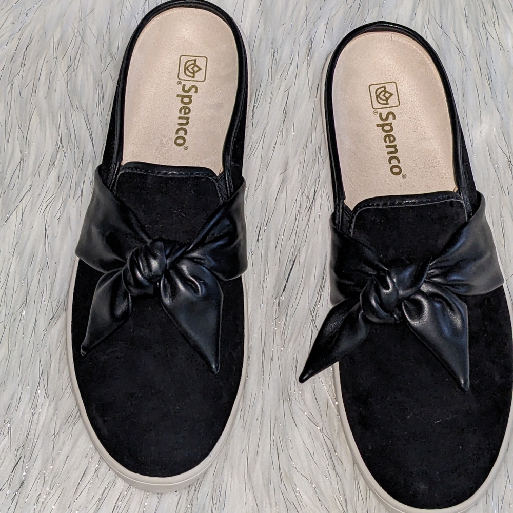 Spenco | Barbados Orthotics Black Suede Leather Top Bow Mules Slip On Sz 11B